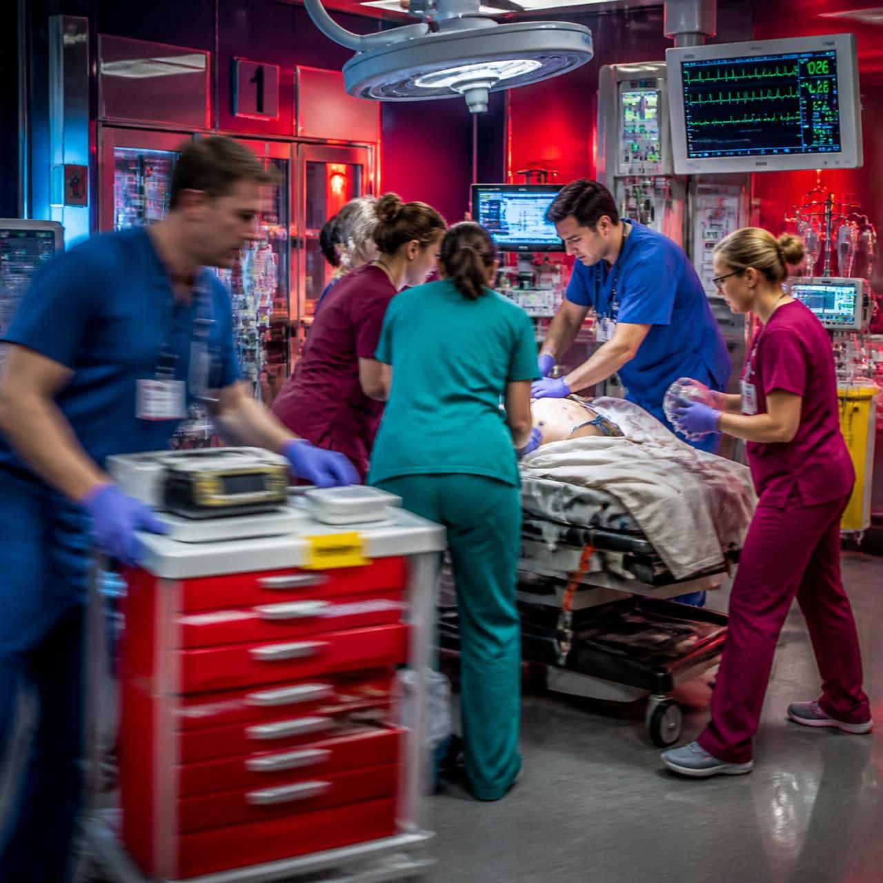 Cardiac monitor showing an arrhythmia in a dim resuscitation bay