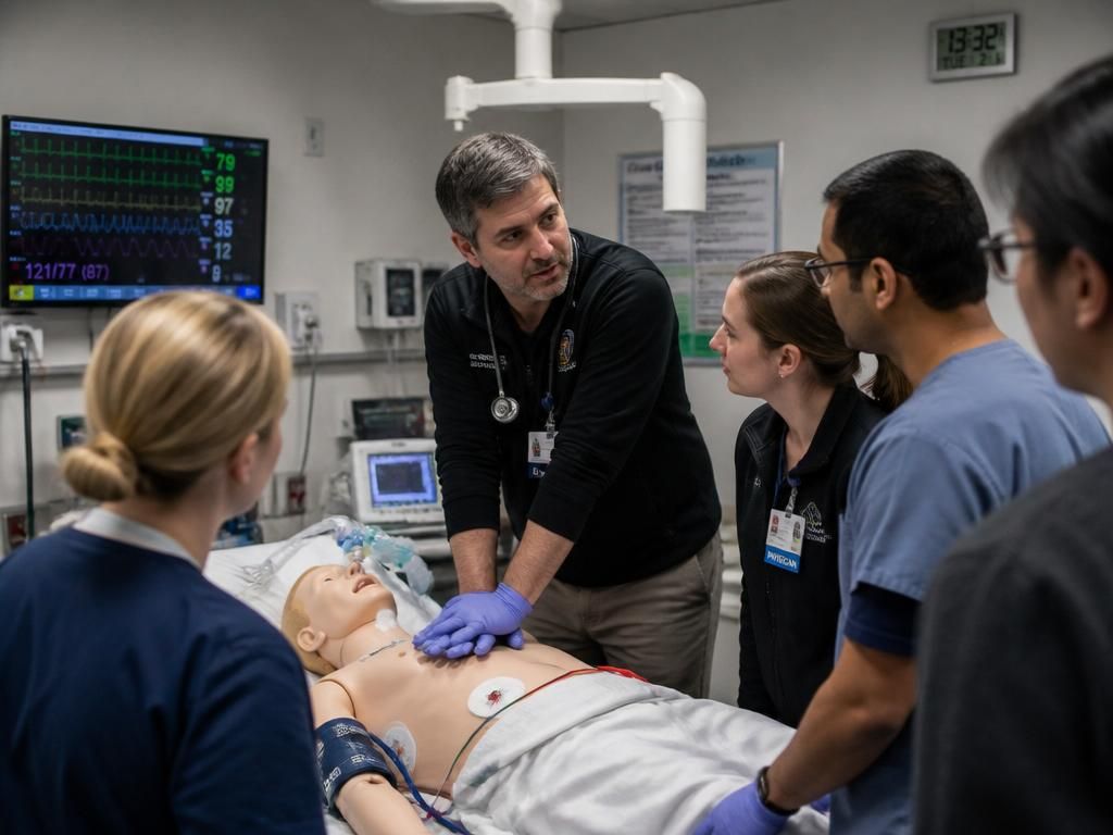 Intensivist teaching CPR and resuscitation to trainees around a high-fidelity ICU simulator